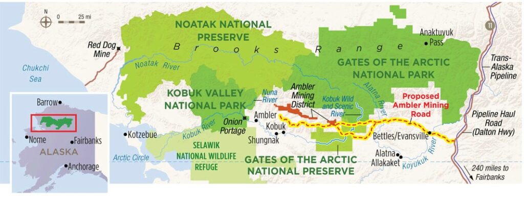 Map showing AIDEA’s original proposed route for the road. AIDEA has since rerouted the eastern end of the road. Map by Karen Minot, courtesy of the National Parks Conservation Association.