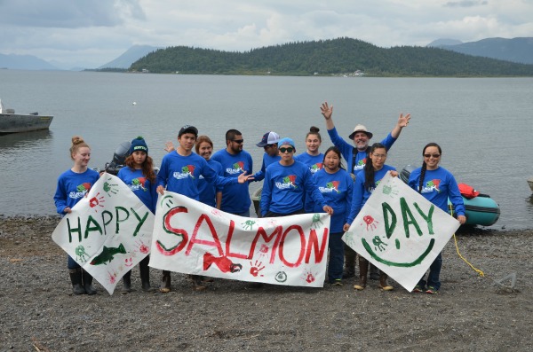 Todd Radenbaugh celebrating Wild Alaska Salmon Day with his 2016 high school students participating in the summer science camp at Lake Aleknagik.