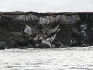 An underground basal glacier spills out of the tundra into the Beaufort Sea. Photo by Vicki Clark.
