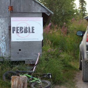 No Pebble mine sign with bike and truck Bristol Bay