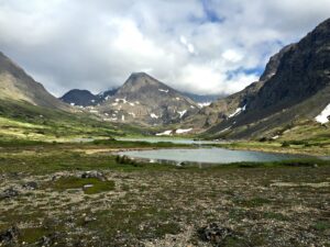Lakes in front of Mt. Williwaw and white clouds.