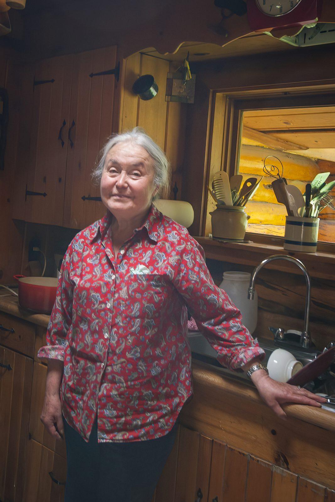 Bella in her cabin kitchen.